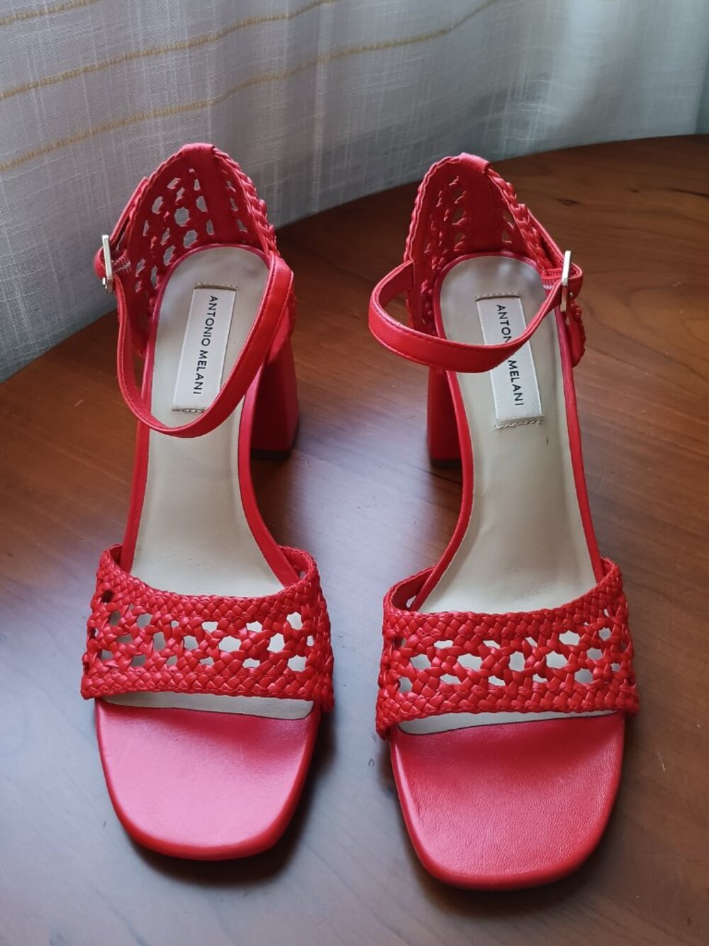 NWT Women's RED Woven Leather Ankle Heel Occasion Sandal Size 8.5M